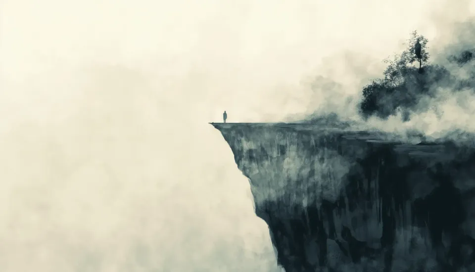 A lone seeker standing at the edge of a vast cliff, symbolizing the end of the world.