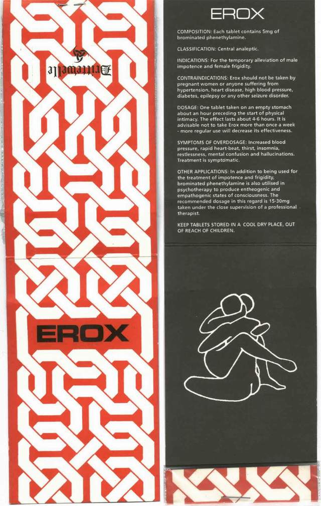 Packaging for "Erox" (2C-B) — as marketed by the German pharmaceutical supplier Drittewelle in the mid-1990s.