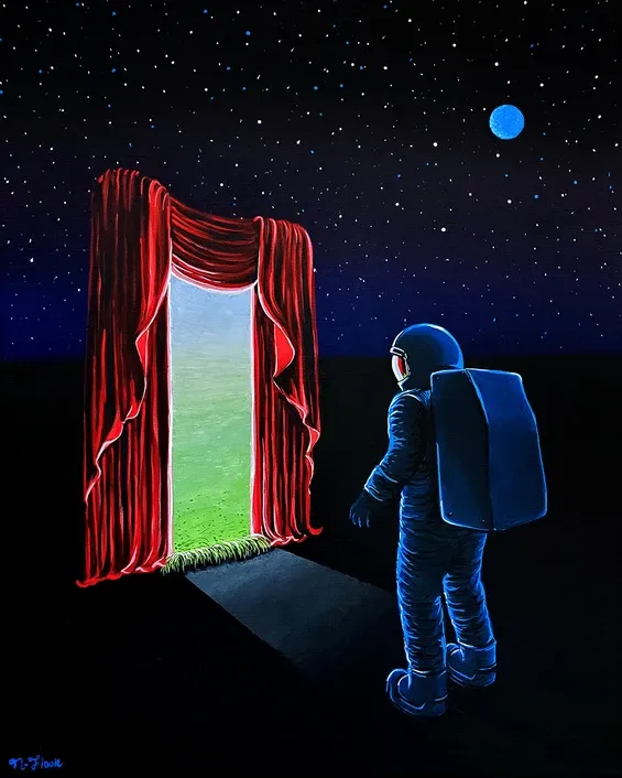 Astronaut about to enter a portal, surreal art by artist Nick Flook