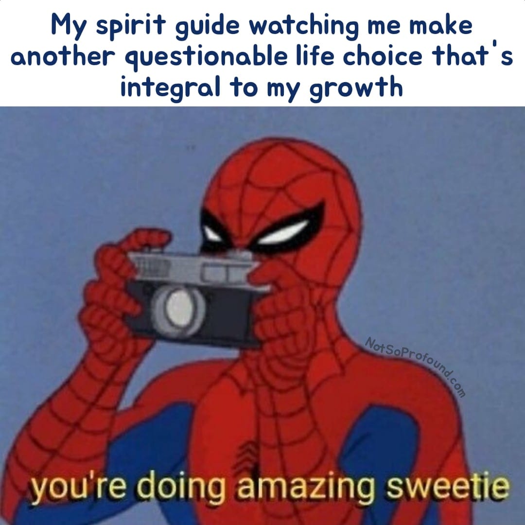 My spirit guide watching me make another questionable life choice that's integral to my growth - funny spiritual spiderman camera meme